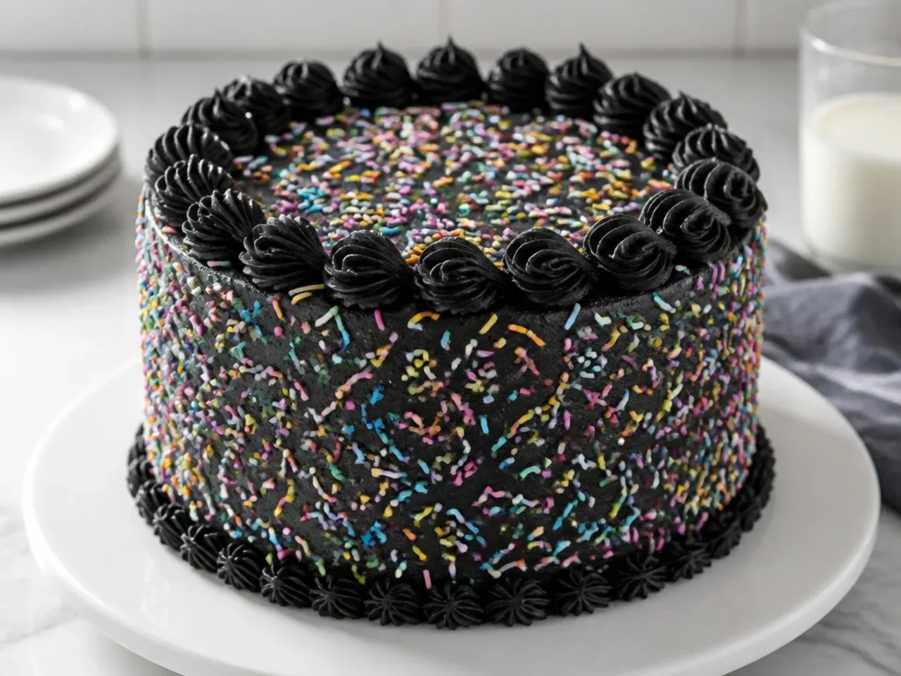 Colorful black velvet cake covered in rainbow sprinkles with a piped shell border