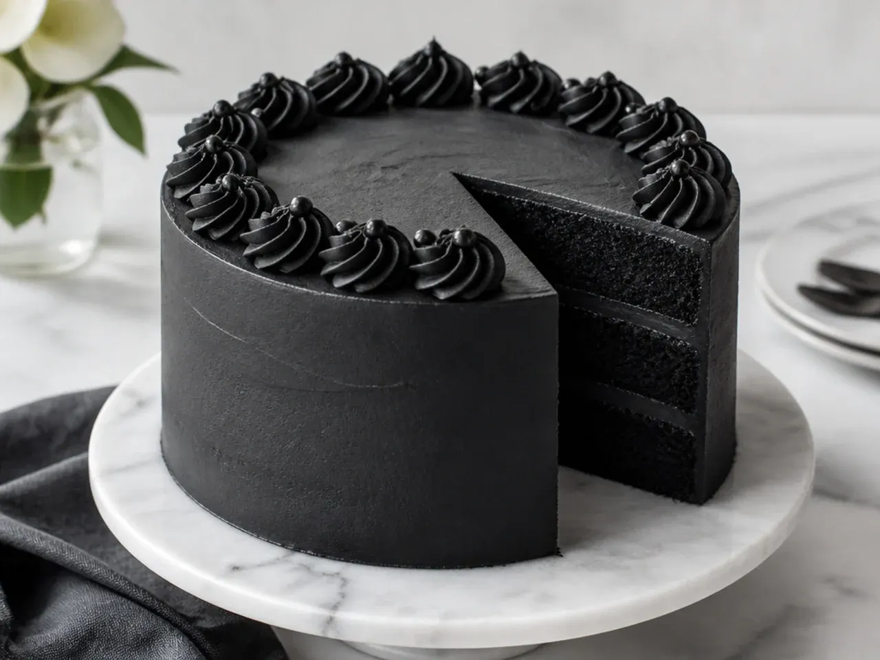 Minimal matte black velvet cake with a smooth monochrome buttercream finish