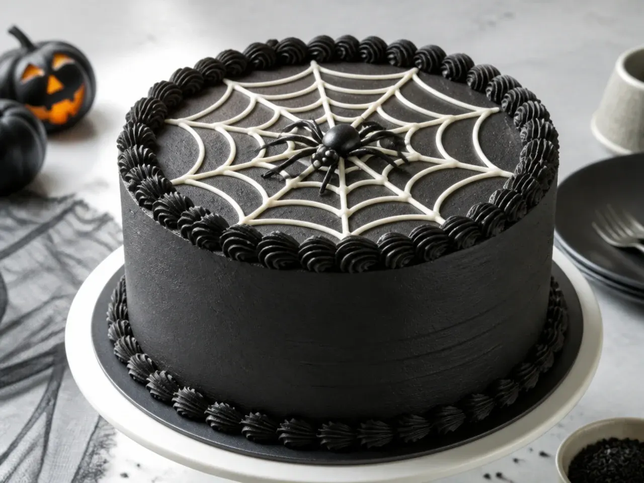 Festive black velvet Halloween cake with a white chocolate cobweb and spider