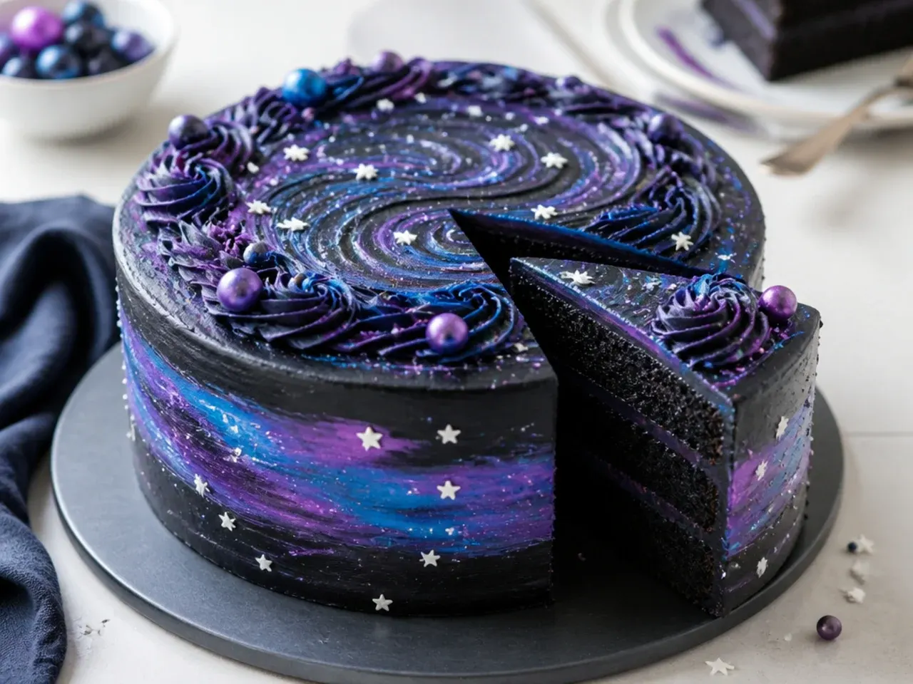 Whimsical galaxy black velvet cake with purple and blue swirls and star sprinkles