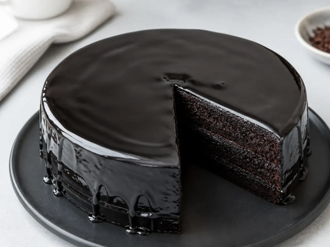 Bold blackout black velvet cake covered in glossy mirror-black chocolate glaze