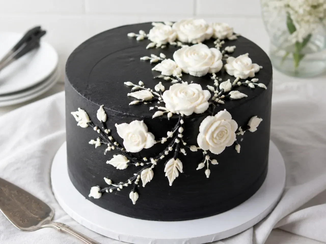 Delicate black velvet cake decorated with white piped buttercream flowers