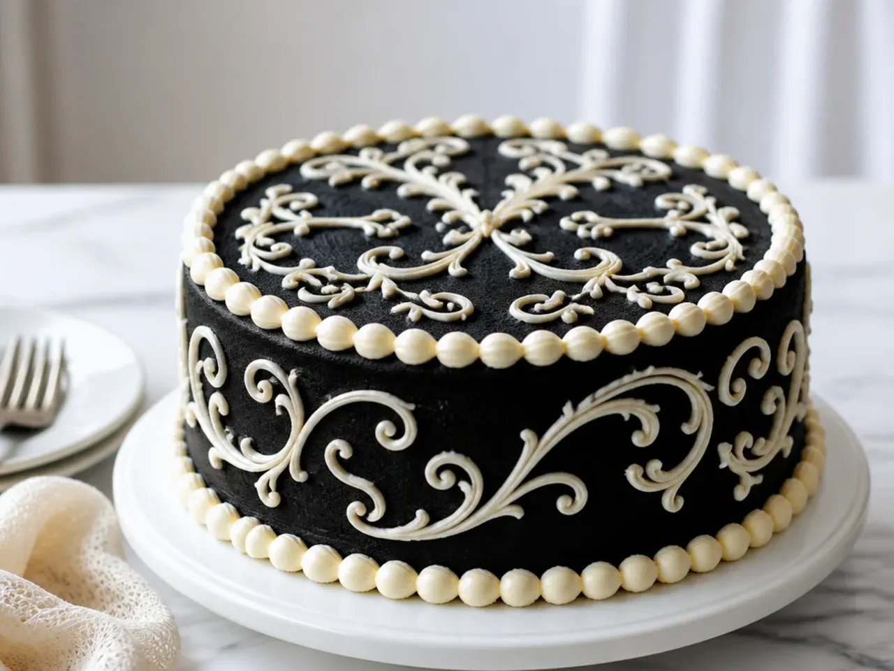 Vintage lambeth piped black velvet cake with white scrollwork and pearl borders