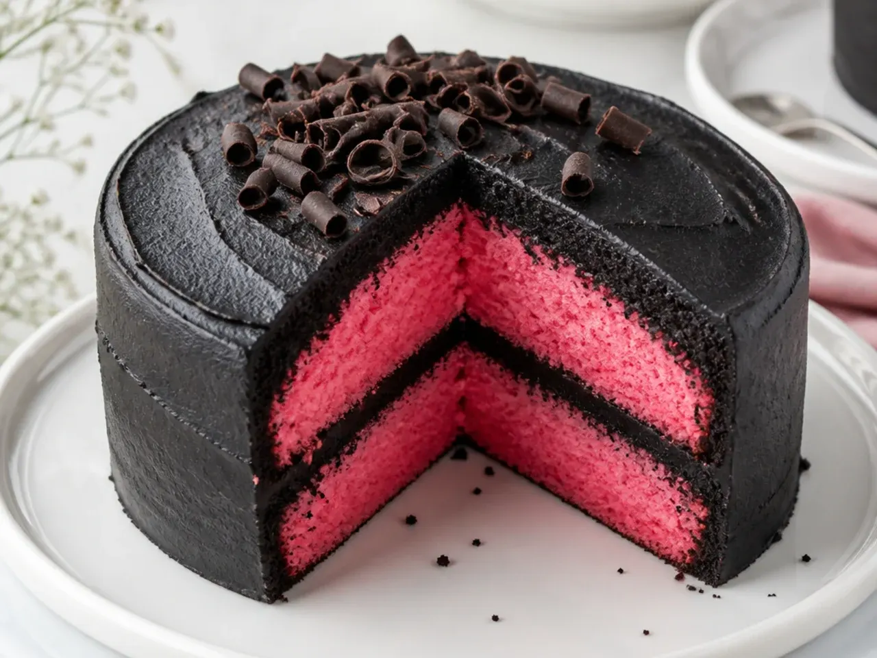 Creative black velvet cake sliced to reveal a hidden brightly colored center