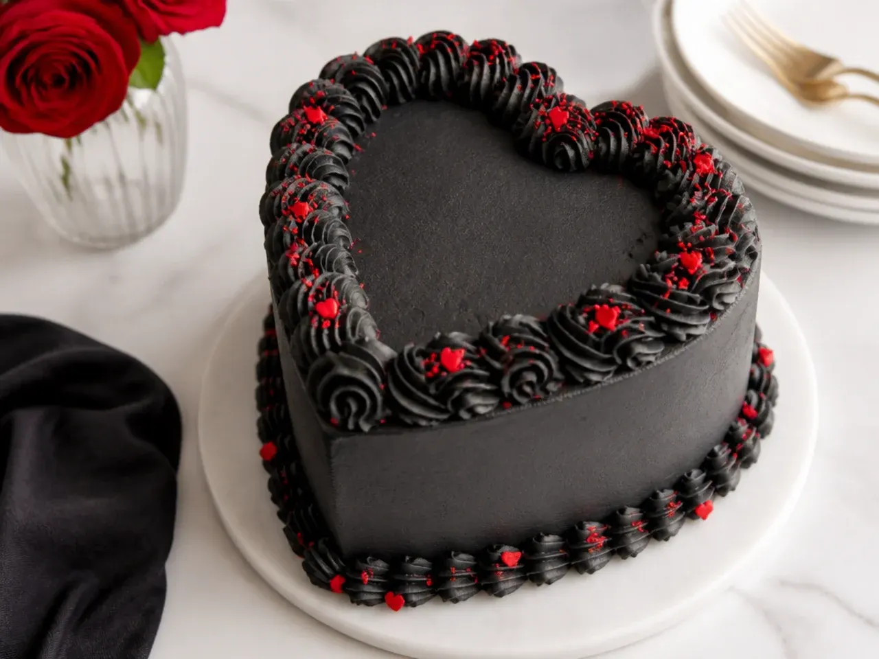 Charming heart-shaped black velvet cake frosted in dark buttercream with red accents