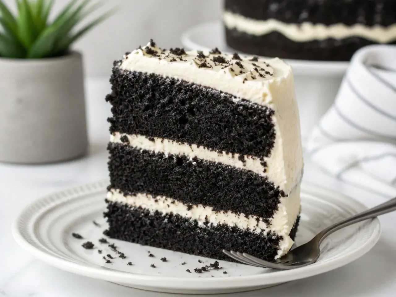 Black velvet cake with tangy white cream cheese frosting between dark layers
