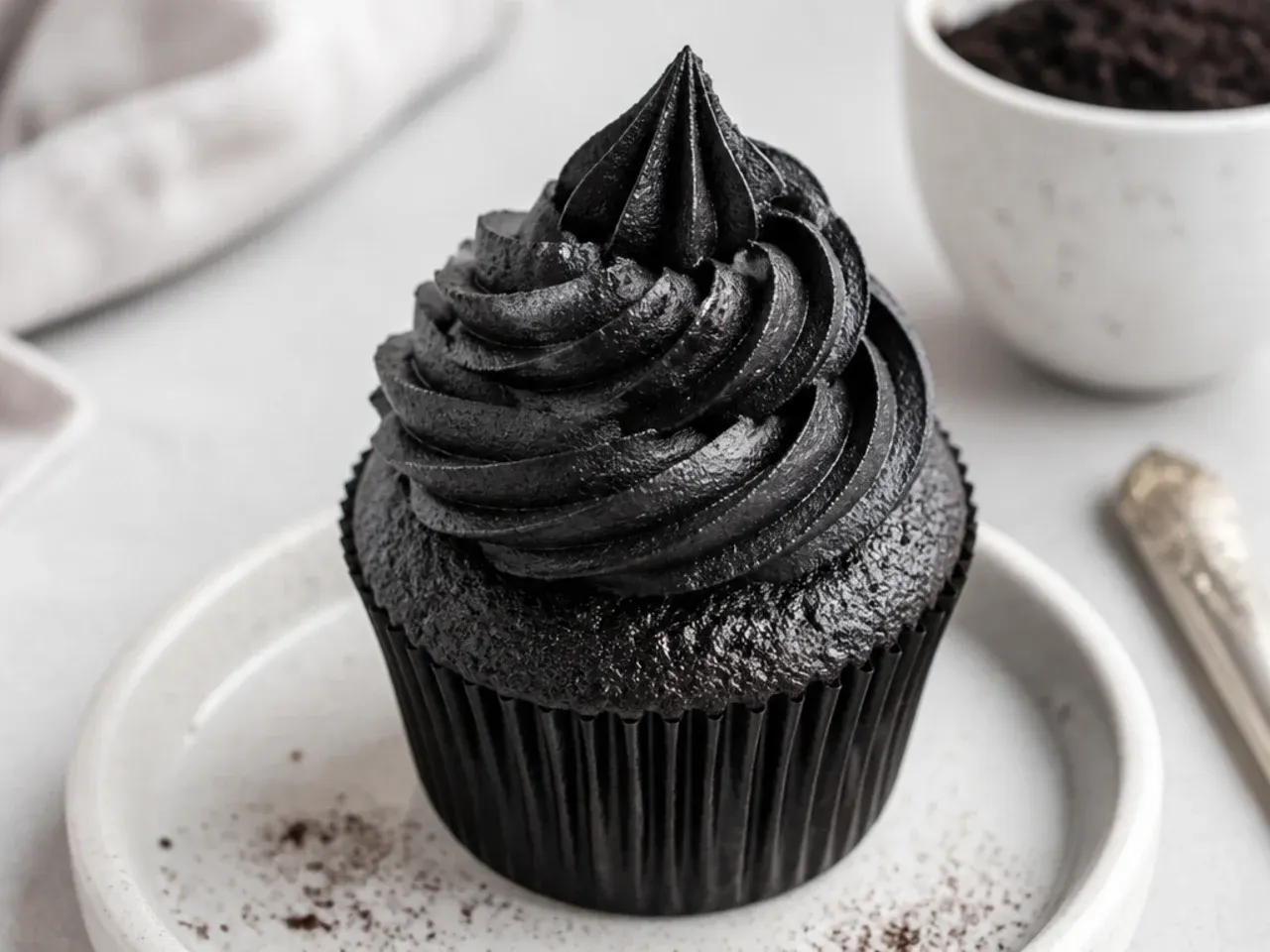 Effortless black velvet cupcakes topped with swirled black cocoa buttercream