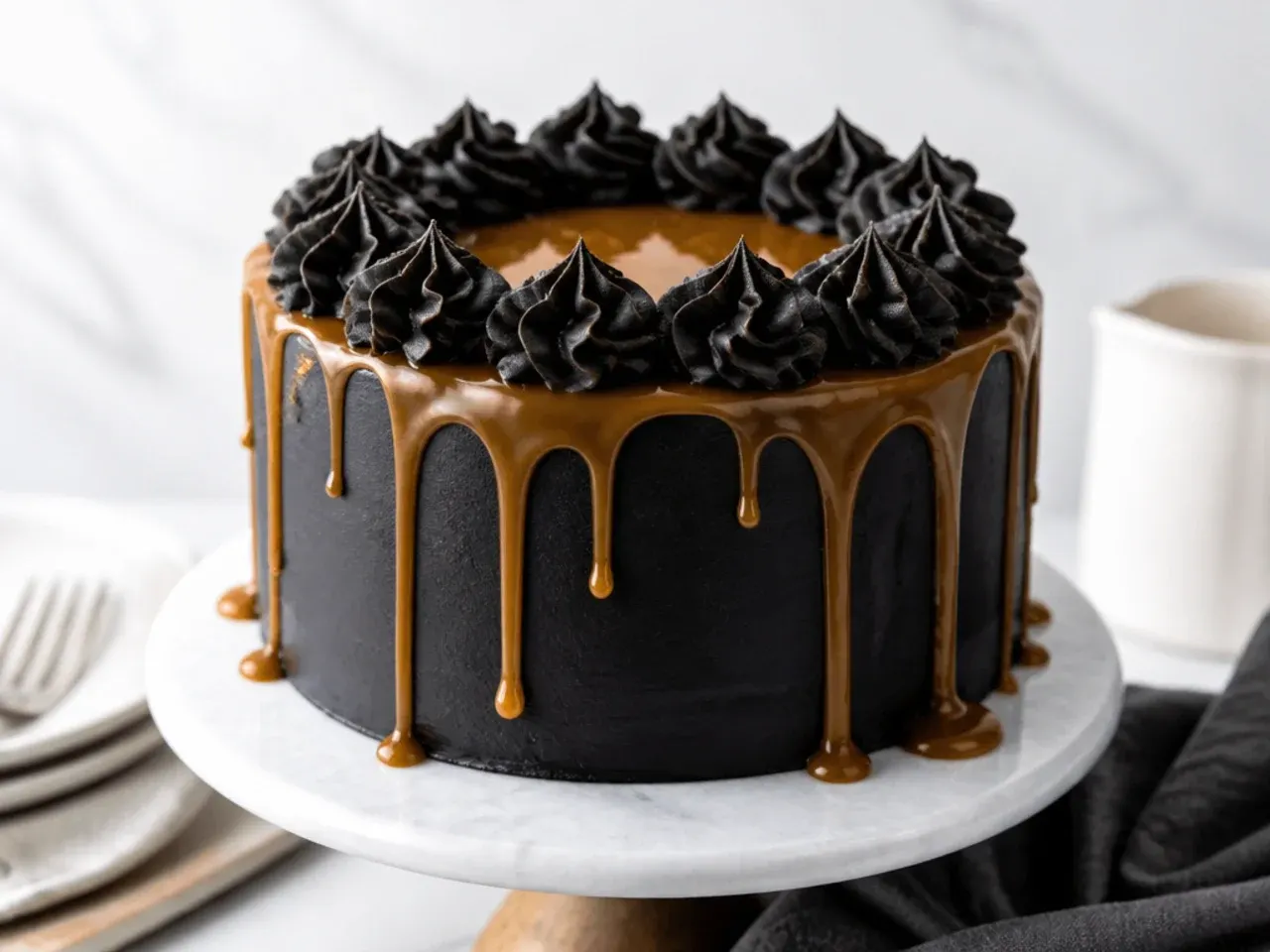 Sophisticated black velvet cake with salted caramel dripping down the dark sides