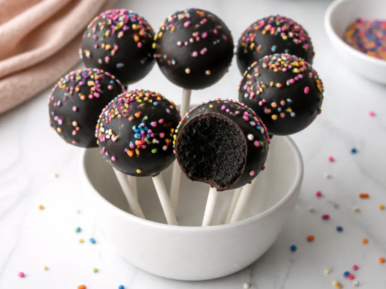 Fun black velvet cake pops dipped in candy coating with colorful sprinkles