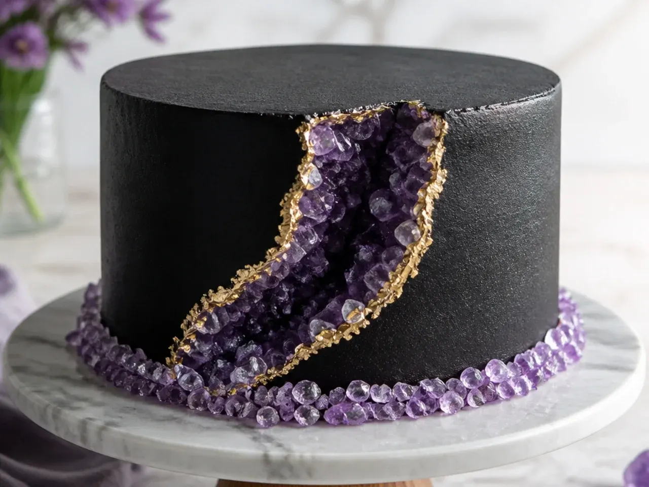 Contemporary geode black velvet cake with purple rock candy crystals on the side