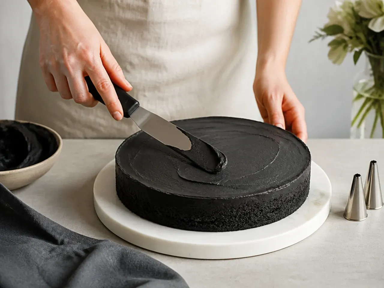 Baker smoothing black cocoa buttercream on a chilled black velvet cake layer