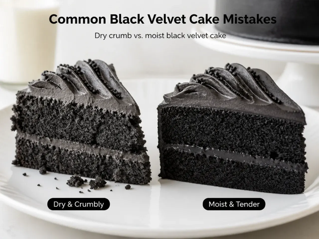 Common black velvet cake mistakes shown with dry crumb versus moist black slice