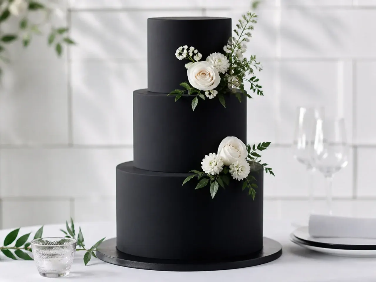 Classic three-tier matte black fondant wedding cake