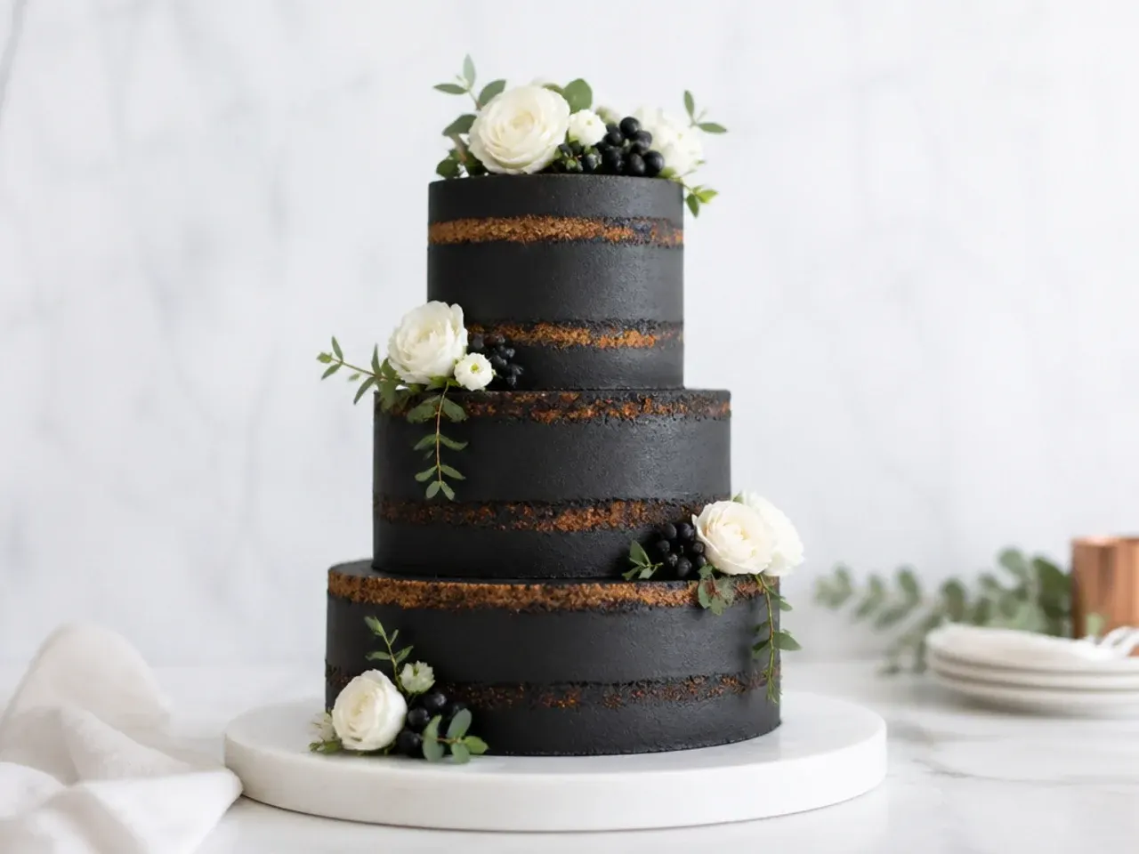 Easy black buttercream semi-naked wedding cake with sponge showing