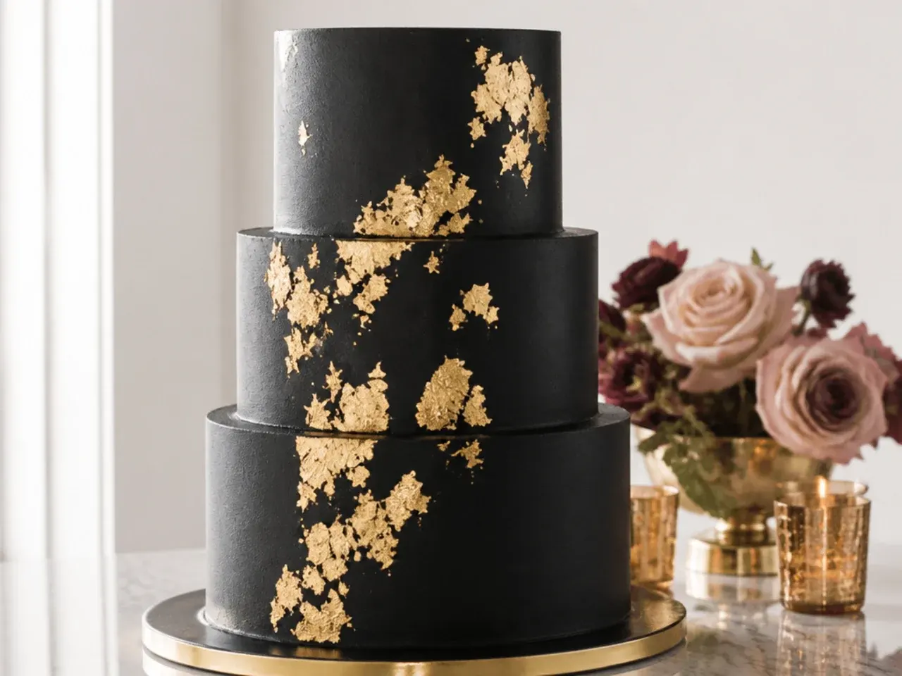 Elegant black wedding cake with torn gold leaf accents