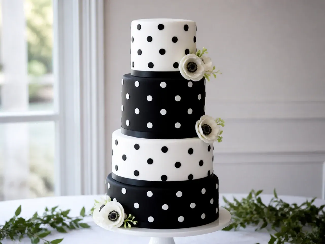 Playful black and white polka dot wedding cake