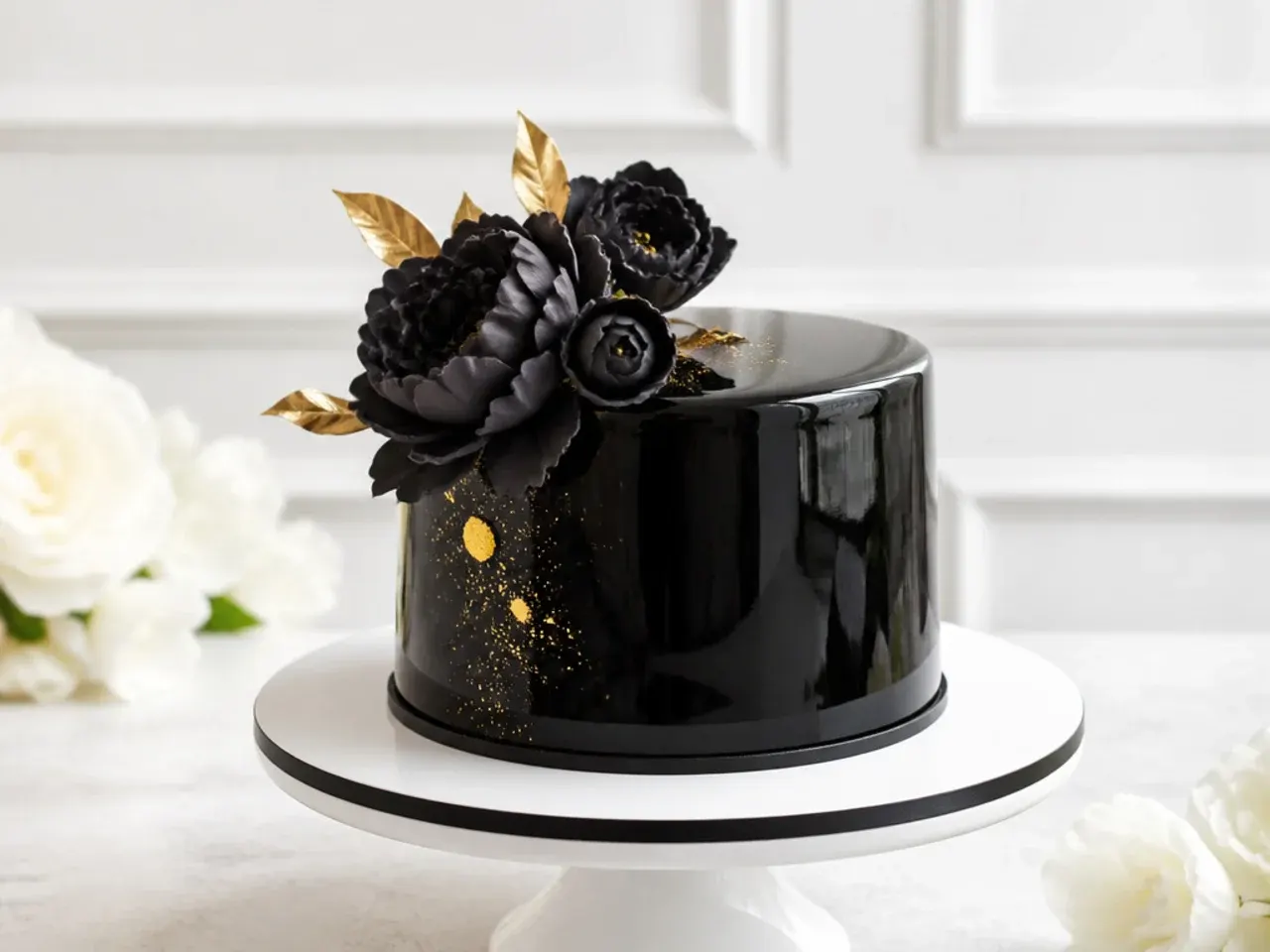 Modern glossy black mirror glaze wedding cake tier