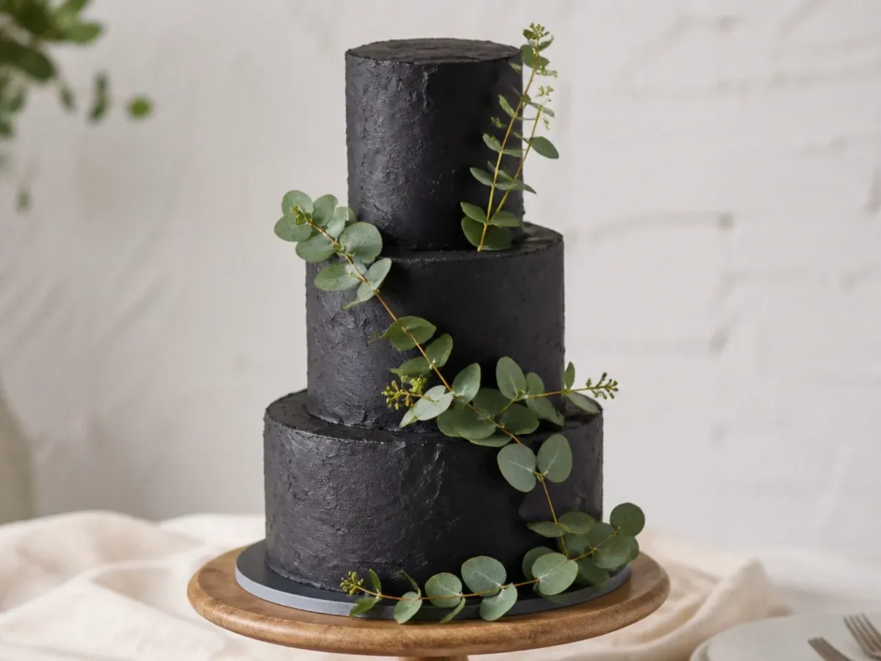 Rustic textured black buttercream wedding cake with eucalyptus