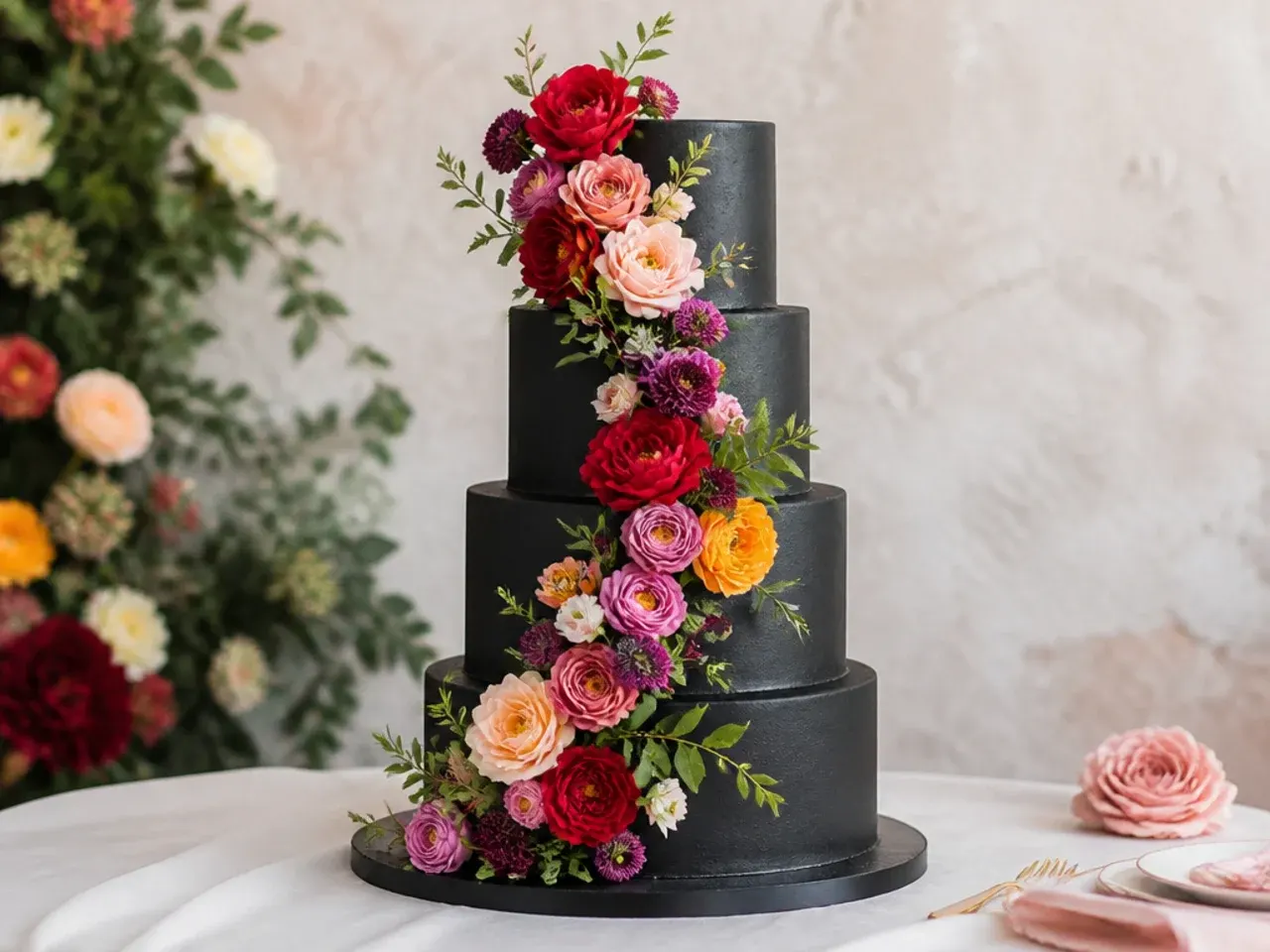 Colorful cascading florals on a black wedding cake