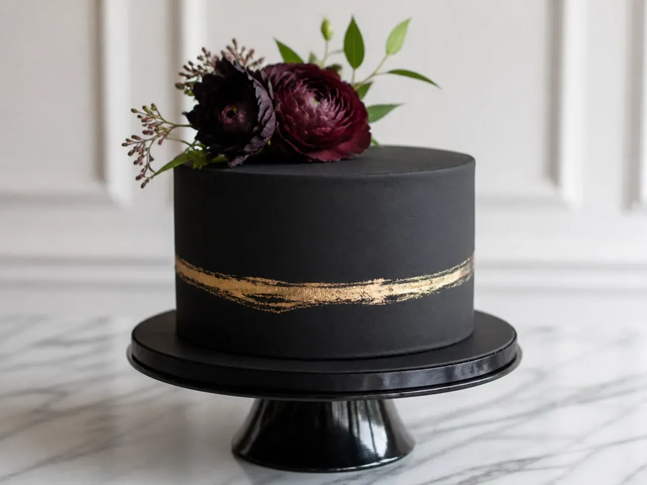 Minimal single-tier matte black wedding cake with gold ring
