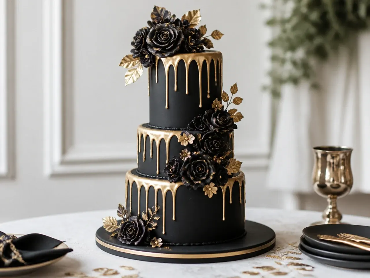Festive black wedding cake with metallic gold drip