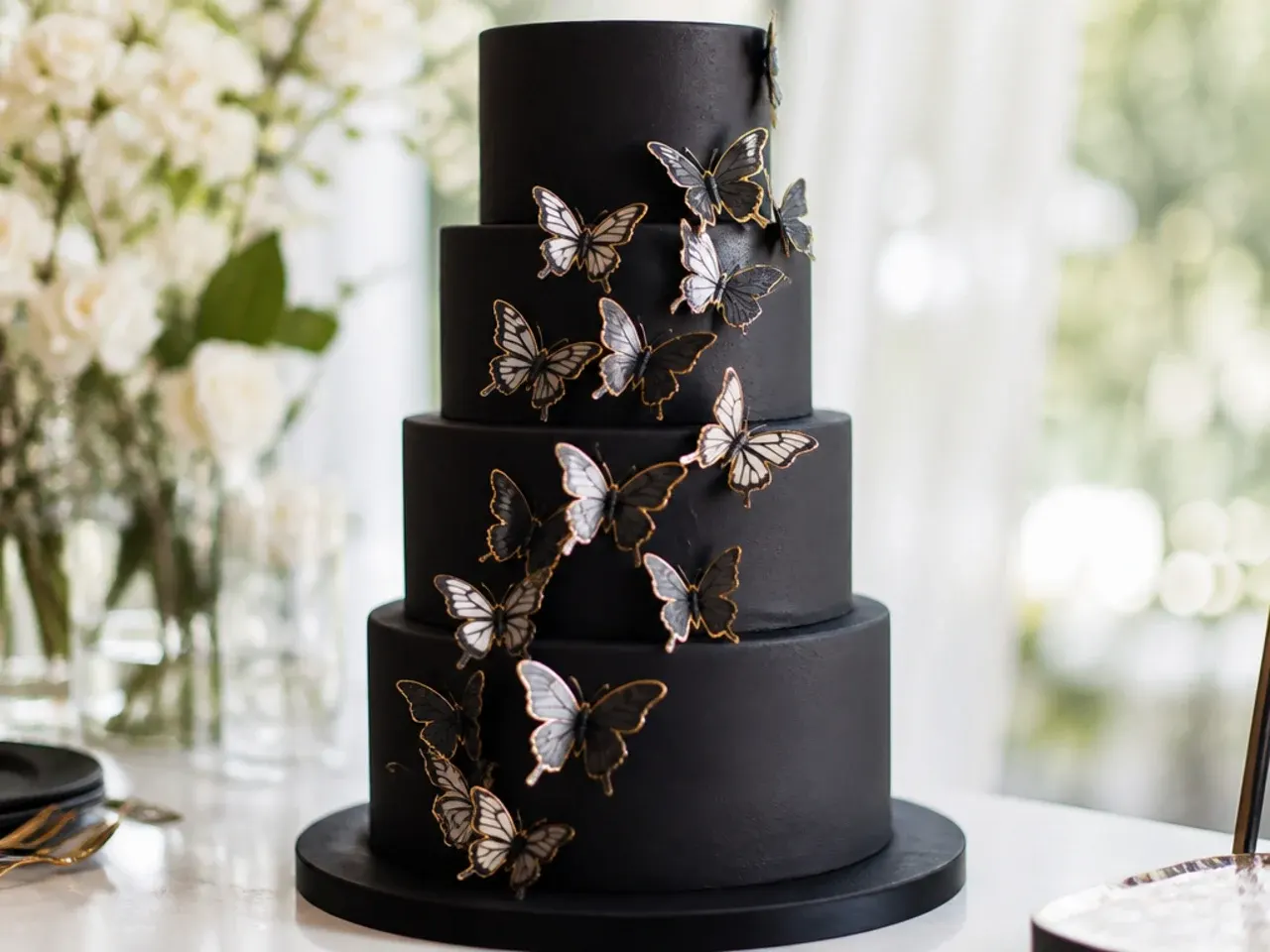 Whimsical black wedding cake with sugar butterflies