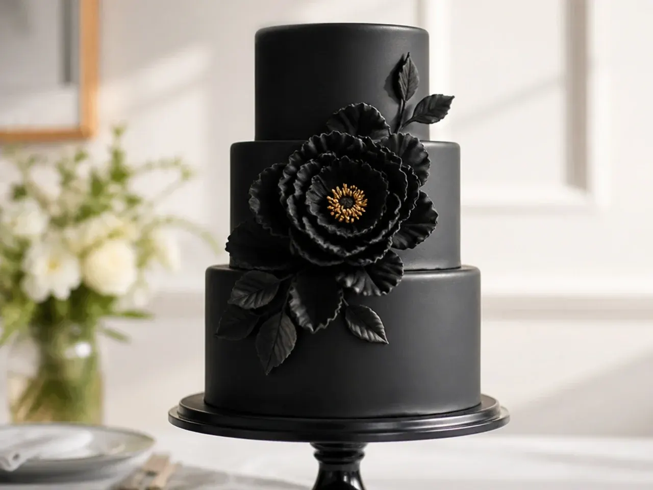 Bold black wedding cake with an oversized sugar peony