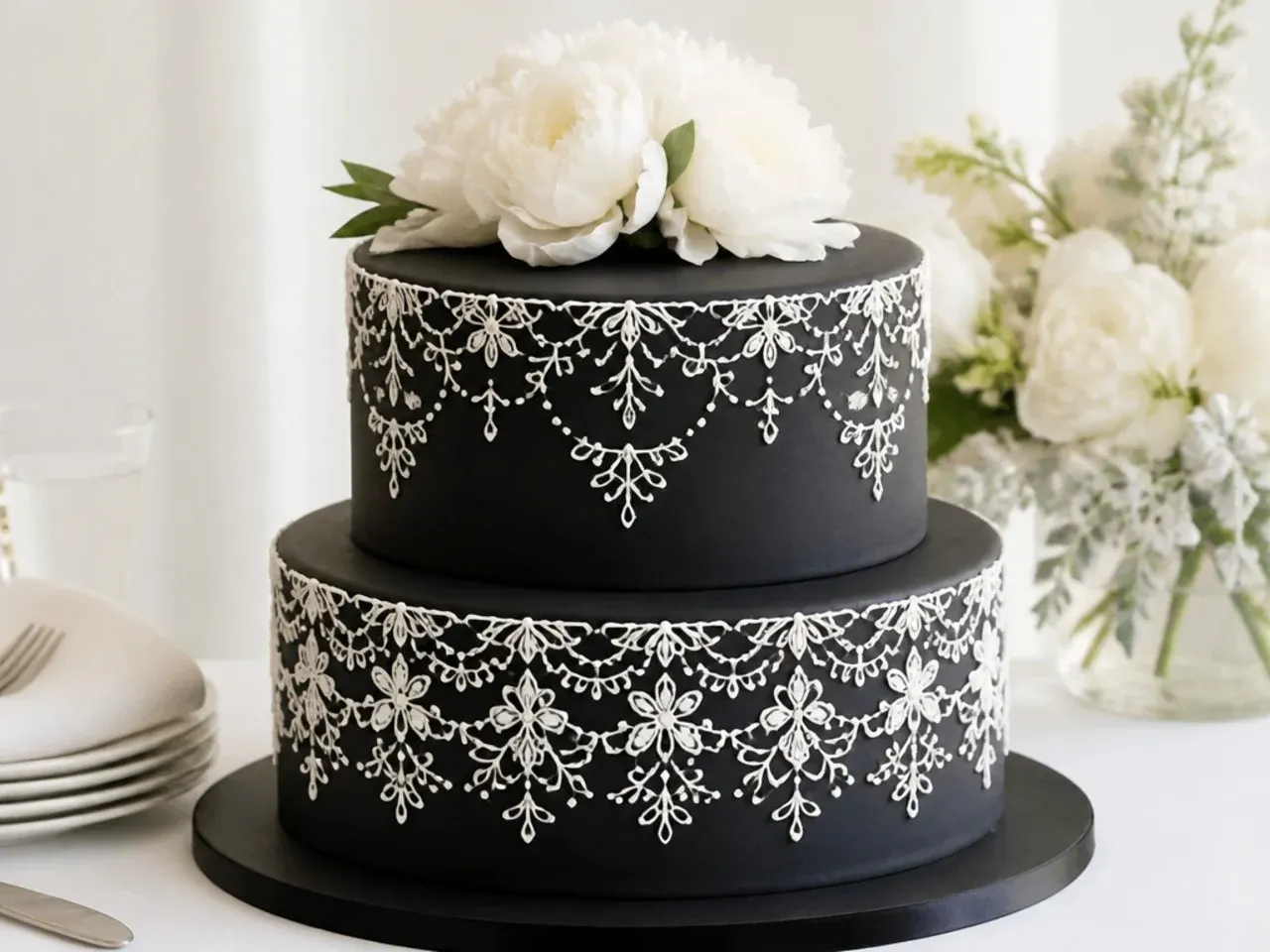 Delicate black wedding cake with white piped lace
