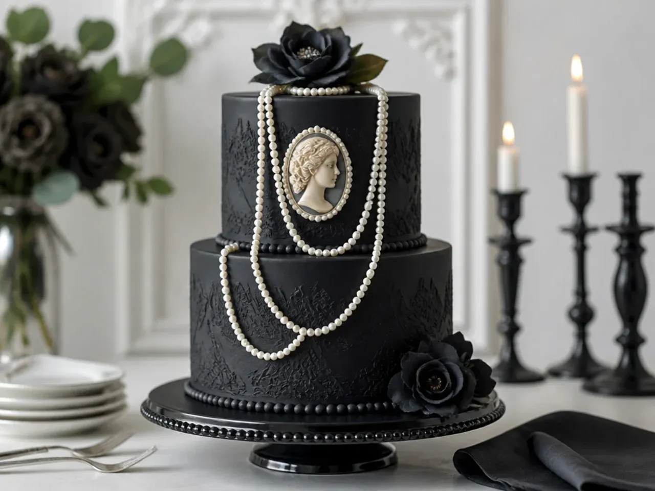 Vintage gothic black wedding cake with cameo and pearls