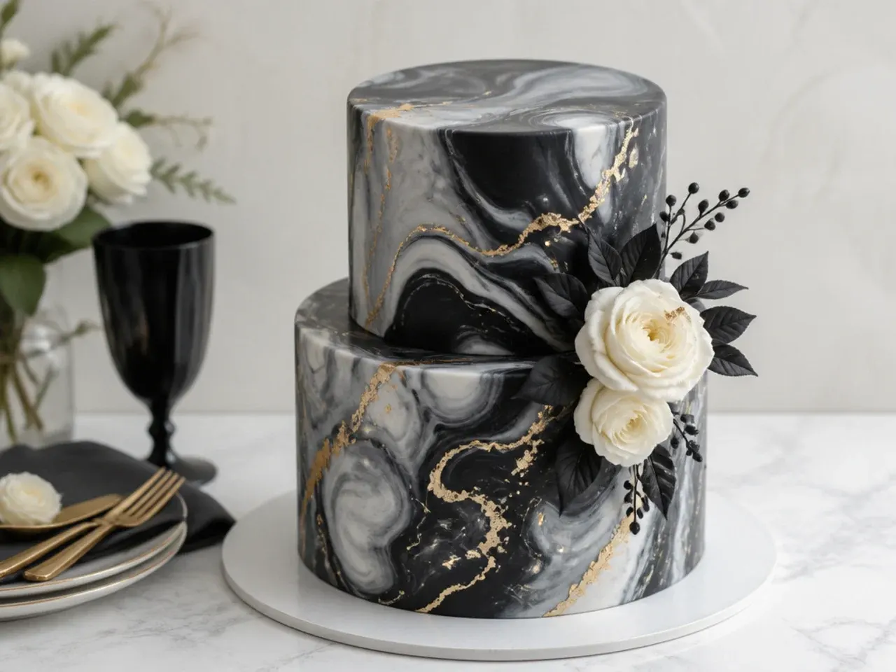 Creative black and white marble fondant wedding cake