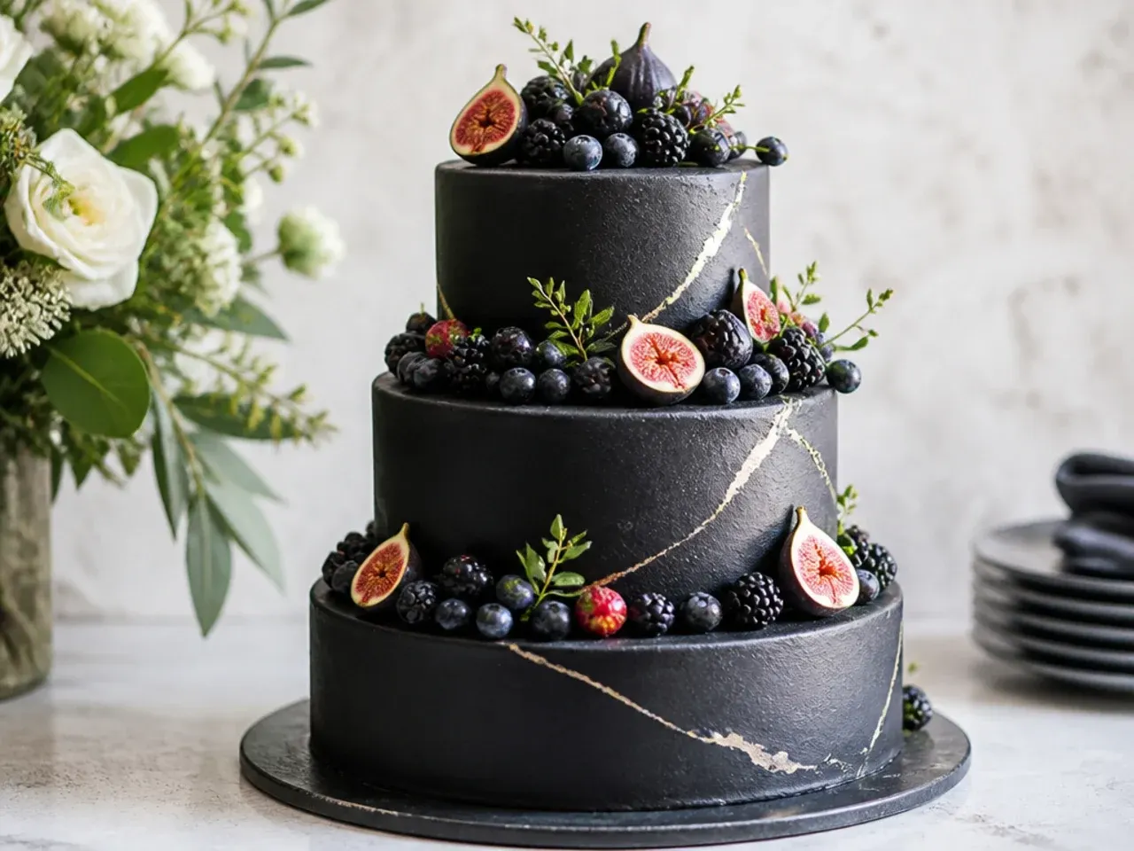 Charming black wedding cake topped with fresh berries and figs