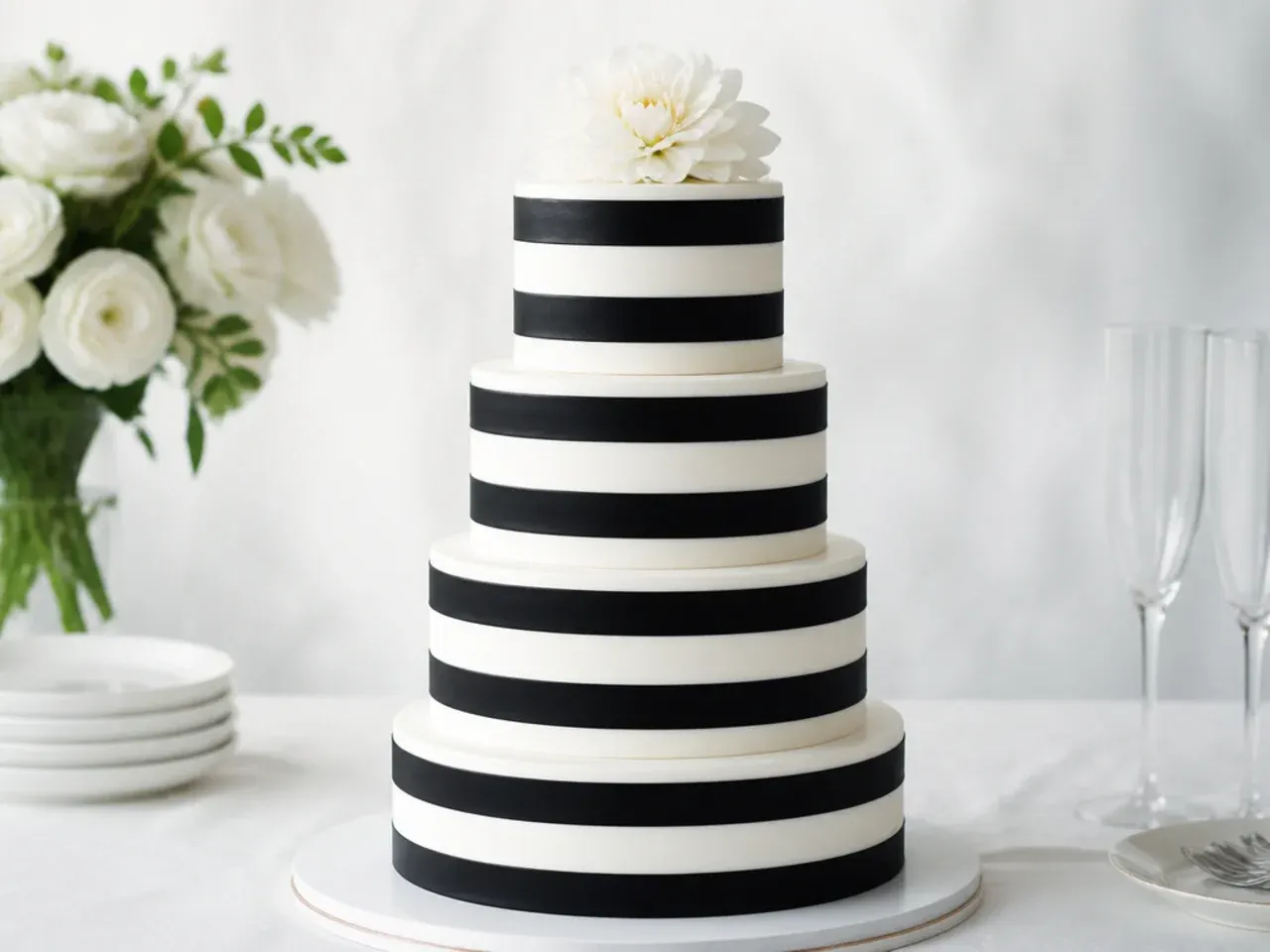 Classic black and white striped buttercream wedding cake