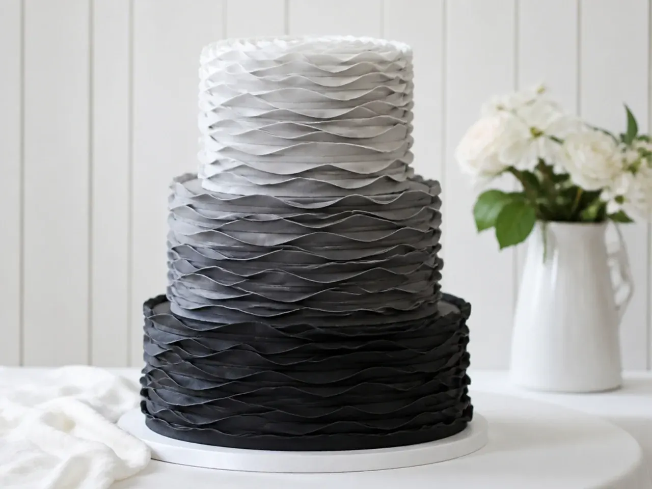 Easy black to gray ombre ruffle wedding cake