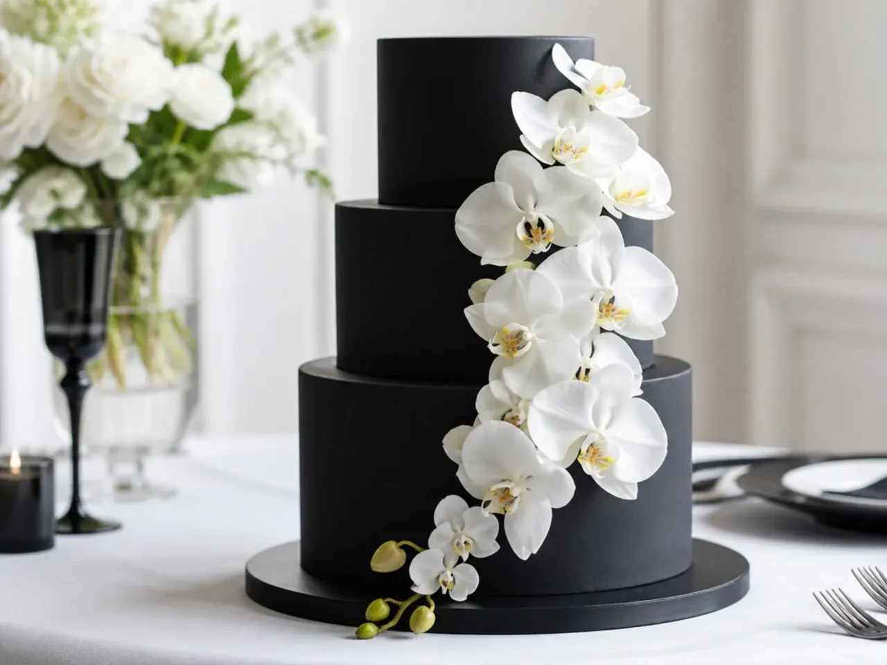 Elegant black wedding cake draped with white orchids