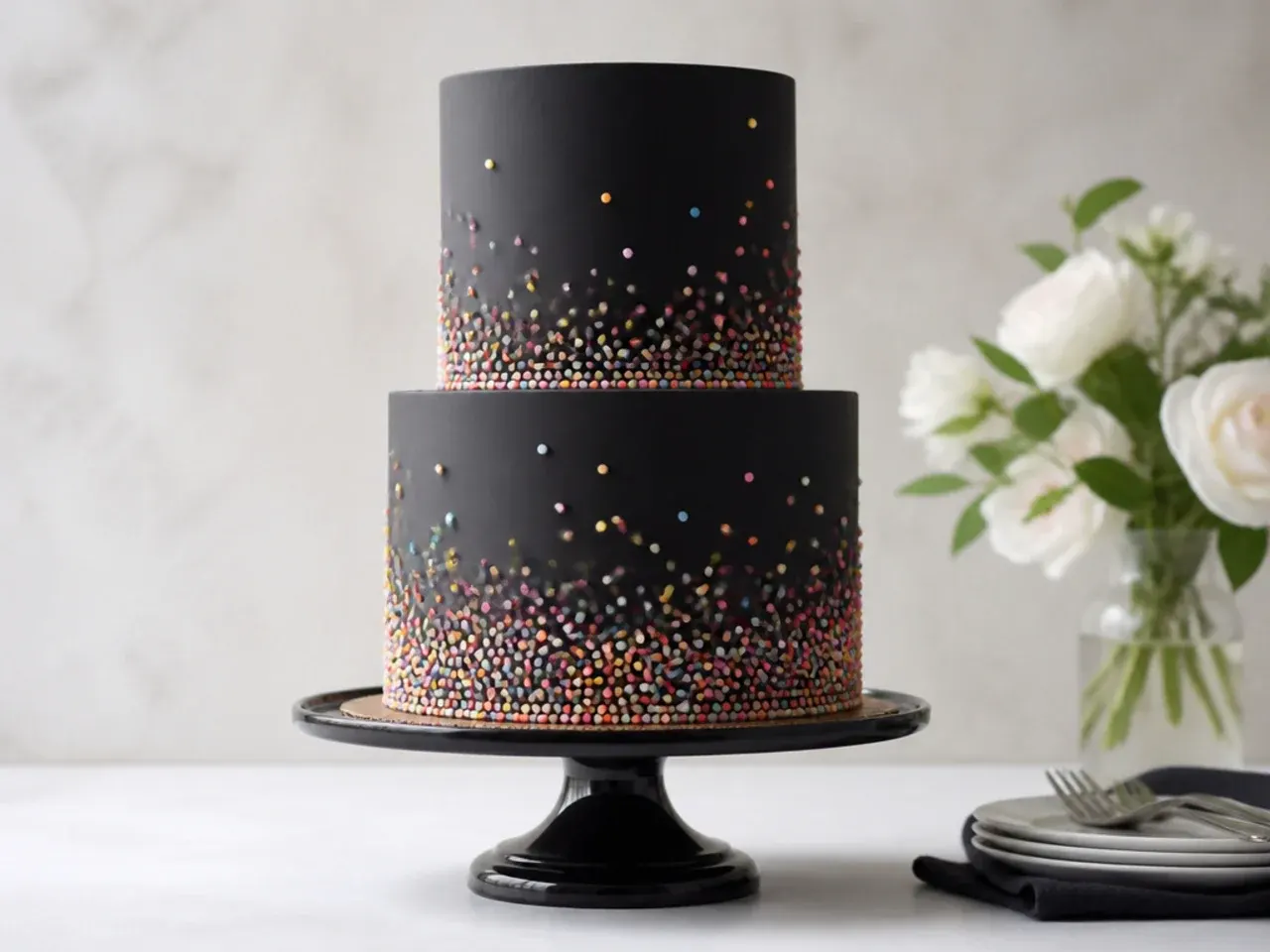 Playful black wedding cake with rising confetti sprinkles