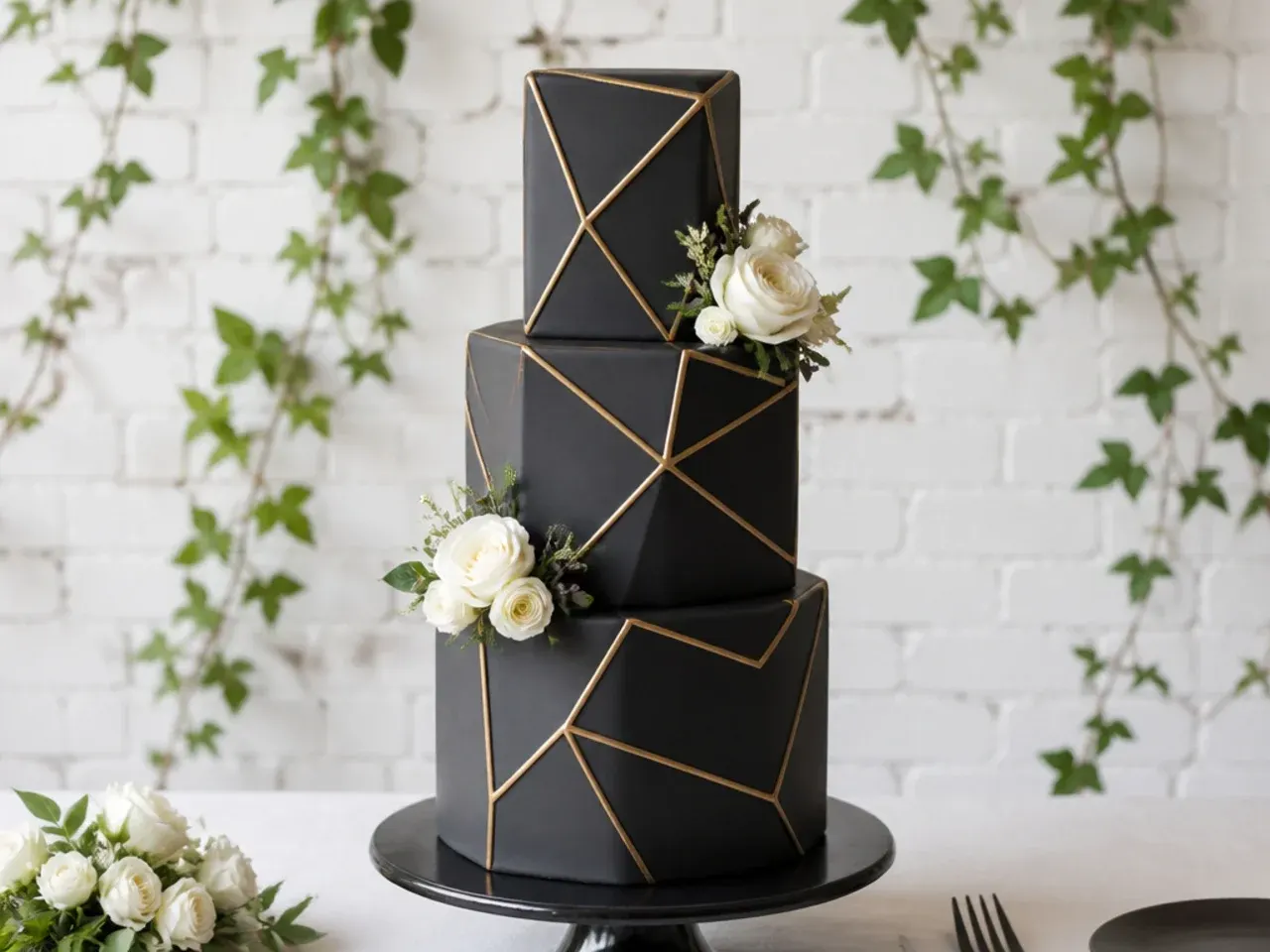 Modern black geometric wedding cake with gold facets