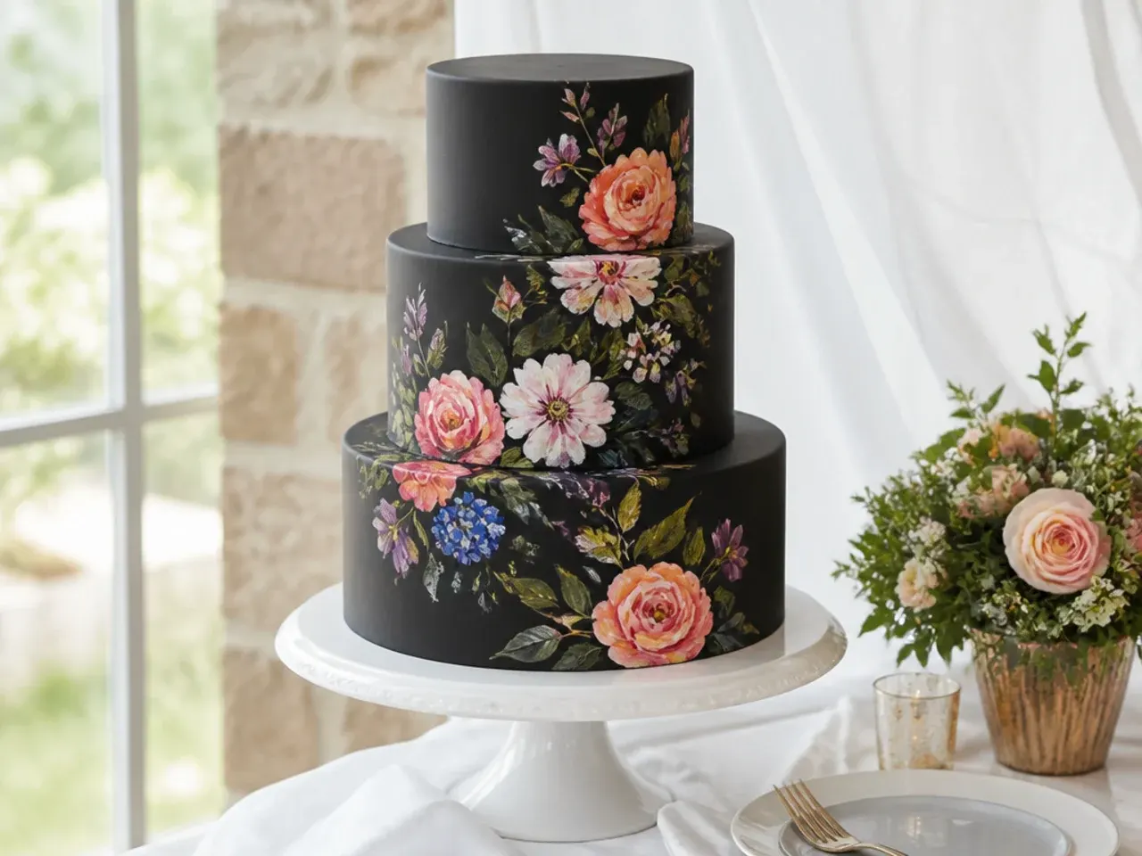 Colorful hand-painted watercolor florals on a black wedding cake