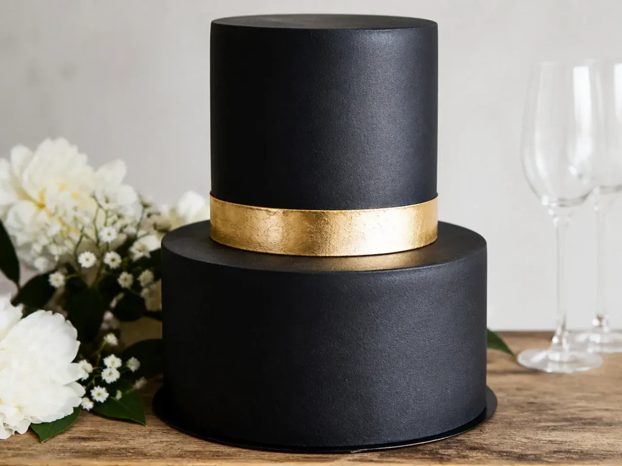 Minimal black wedding cake with a single gold band