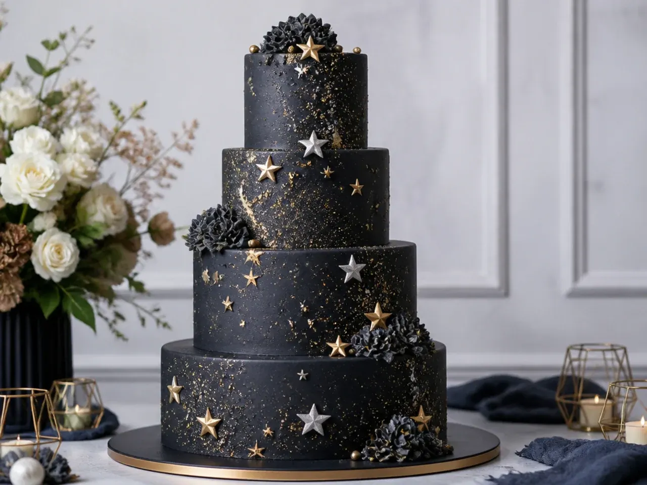 Festive celestial black wedding cake with metallic stars