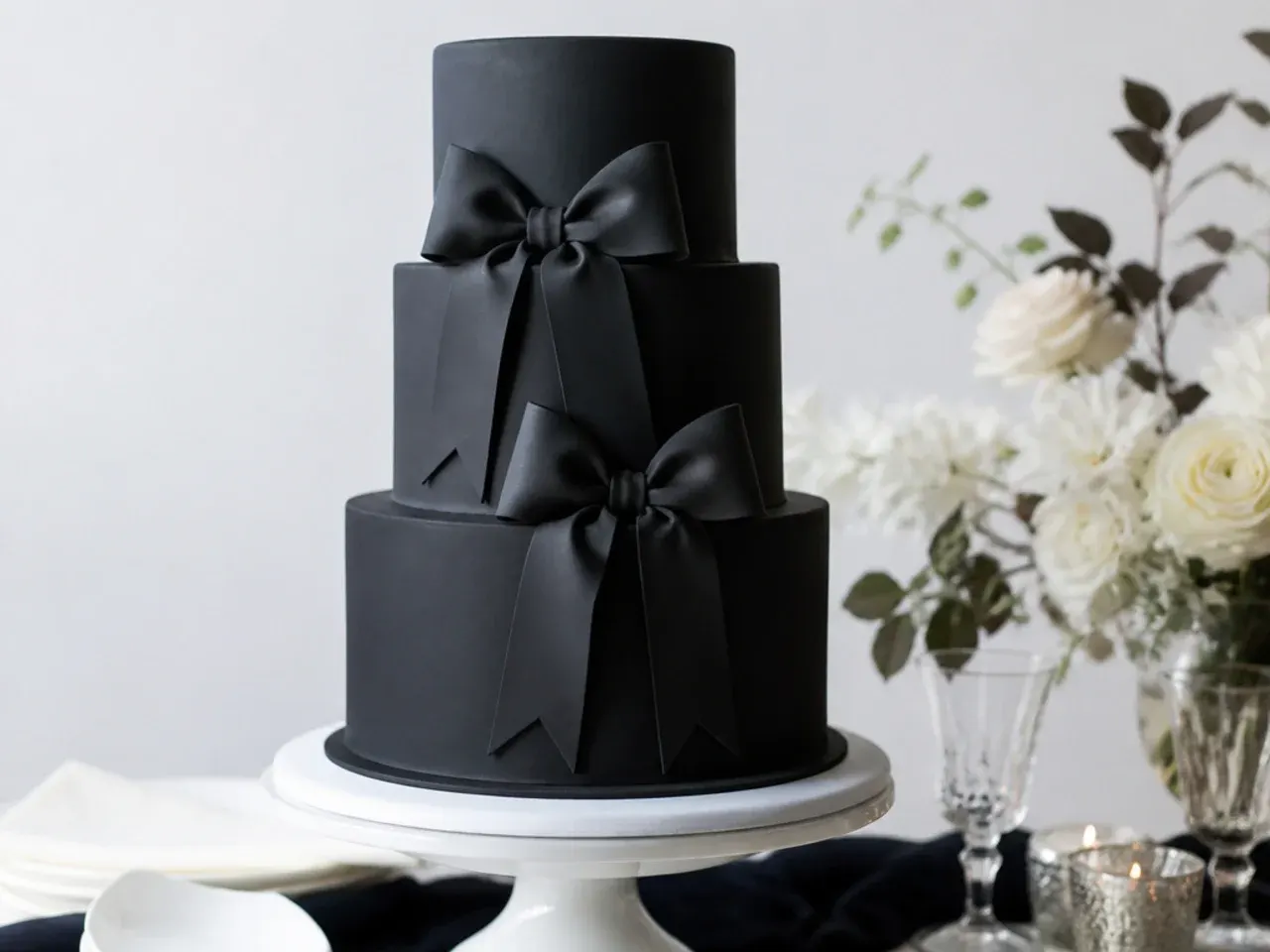 Whimsical black wedding cake decorated with sugar bows