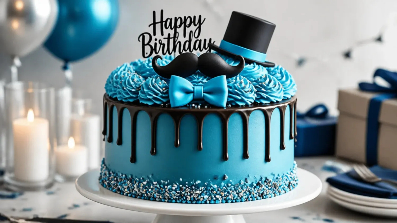 A tall navy blue buttercream layer cake with a dark chocolate drip, decorated with gold accents, on a wooden table