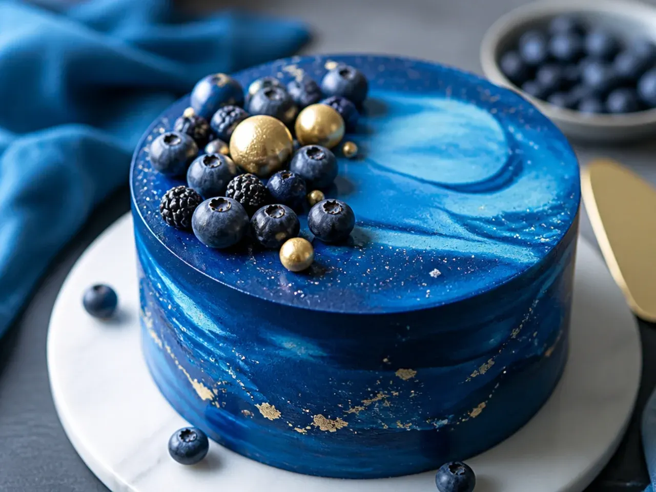 Overhead shot of several blue-themed cakes with different decorating styles laid out on a table