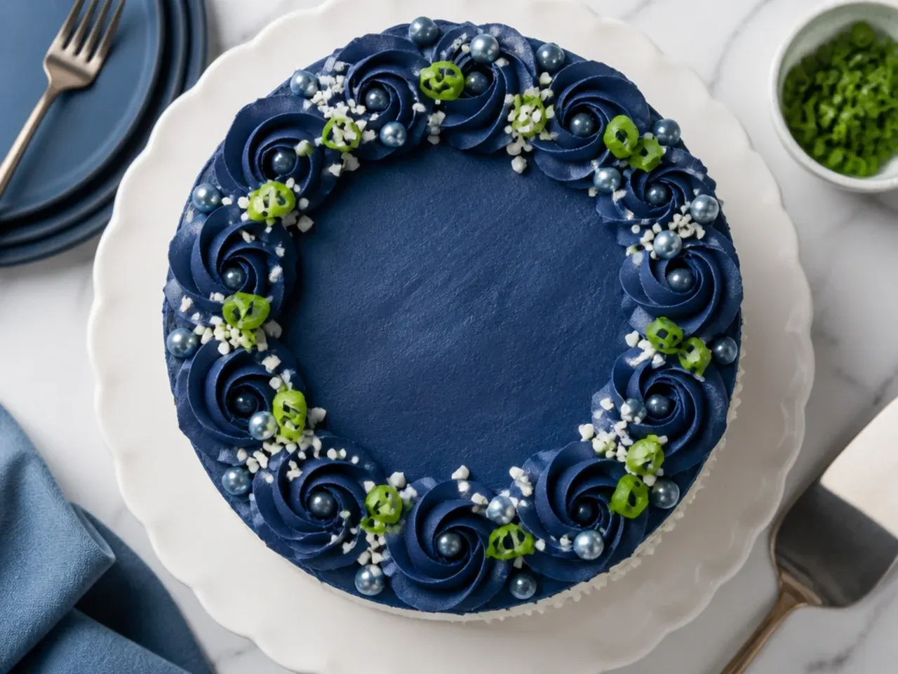 A smooth navy blue buttercream cake with a gold piped border, sliced to show the sponge inside