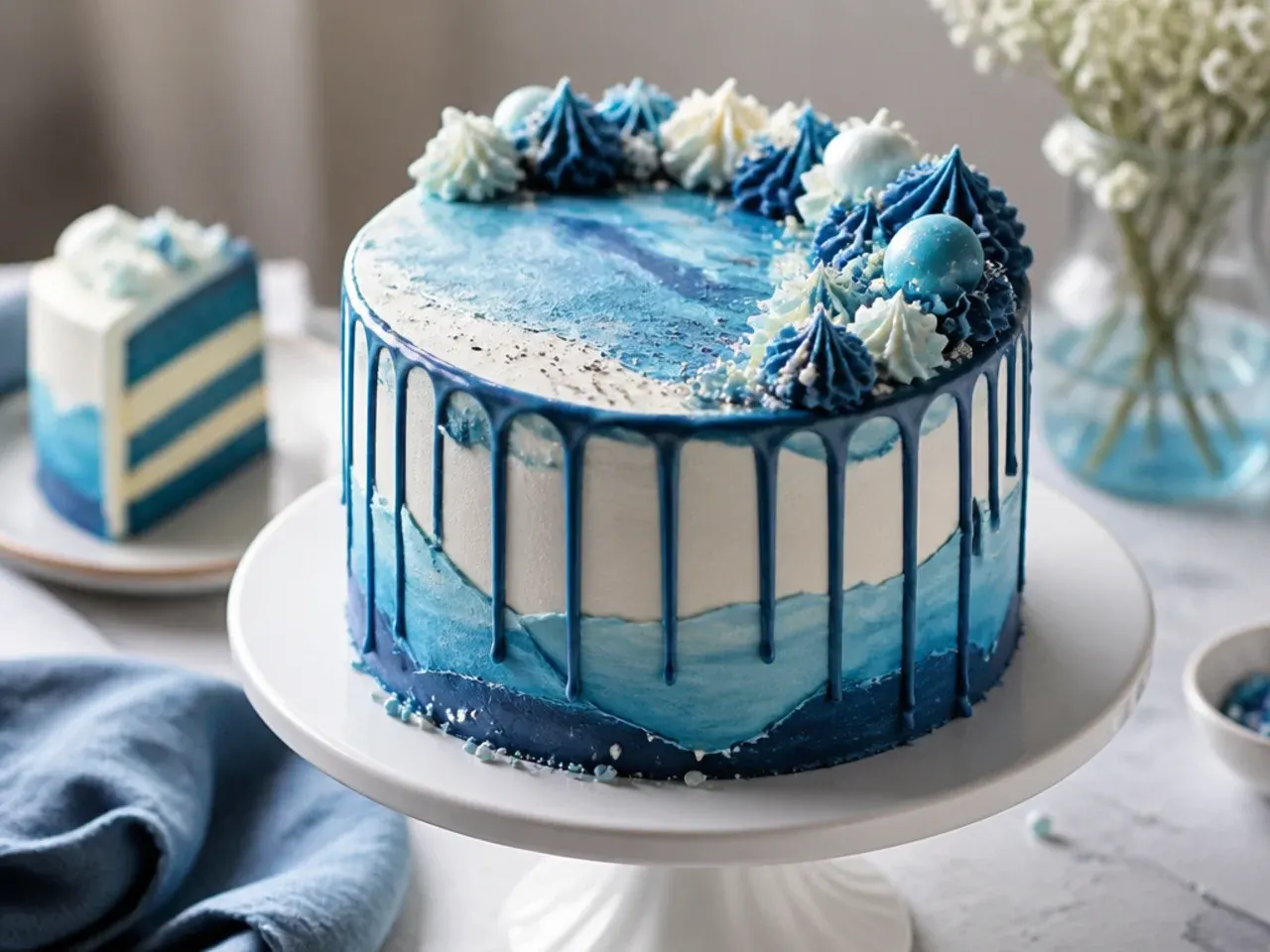 A blue ombre wave cake with a dark chocolate drip running down the sides and an edible anchor on top