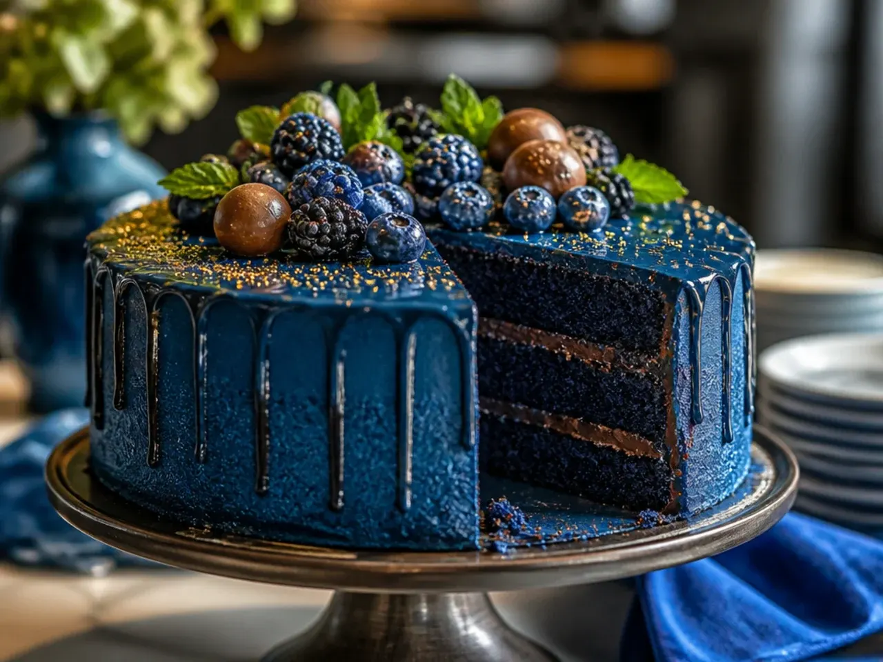 A rustic semi-naked blue ganache cake with visible sponge layers and a sprig of rosemary on top