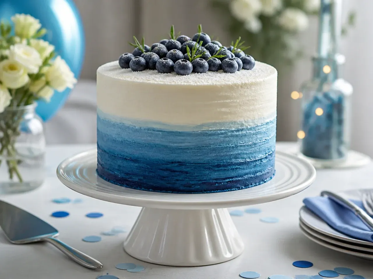 A two-tone ombre cake transitioning from navy blue at the base to pale blue at the top