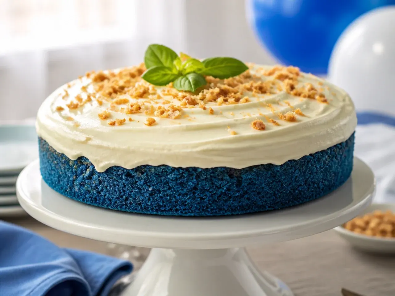 A sliced blue velvet cake showing bright blue sponge layers and white cream cheese frosting