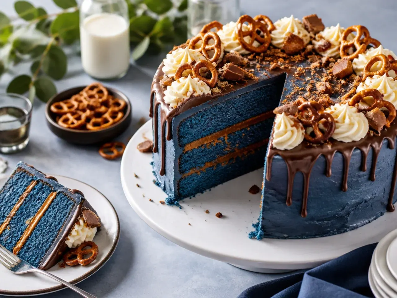 A loaded blue buttercream cake covered in crushed pretzels with caramel drizzle running down the sides