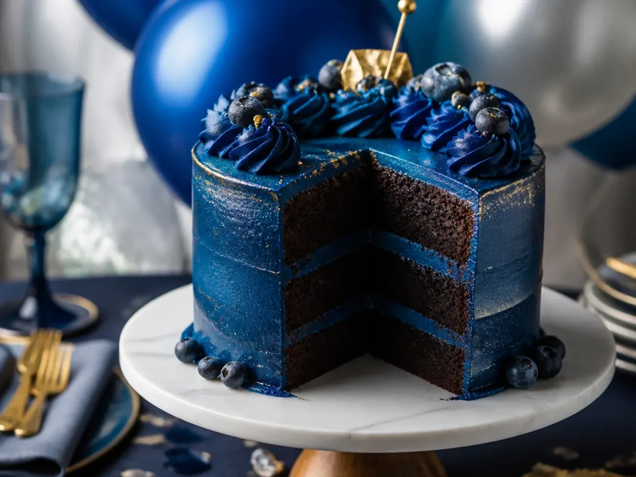 A dark midnight blue chocolate cake with silver lustre dust flicked across the surface like stars