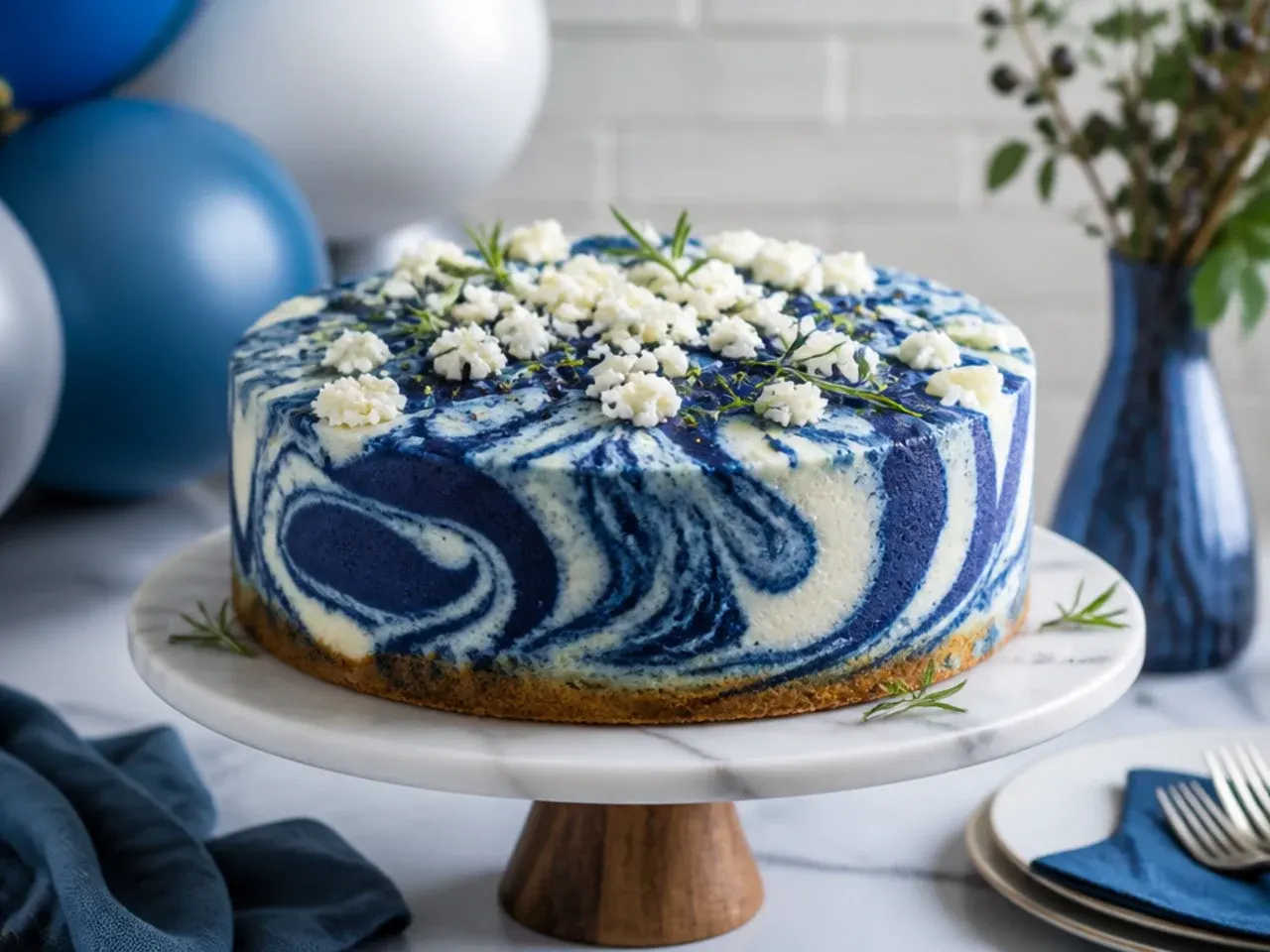 A slice of marbled blue and vanilla cheesecake-style cake on a plate showing the swirl pattern